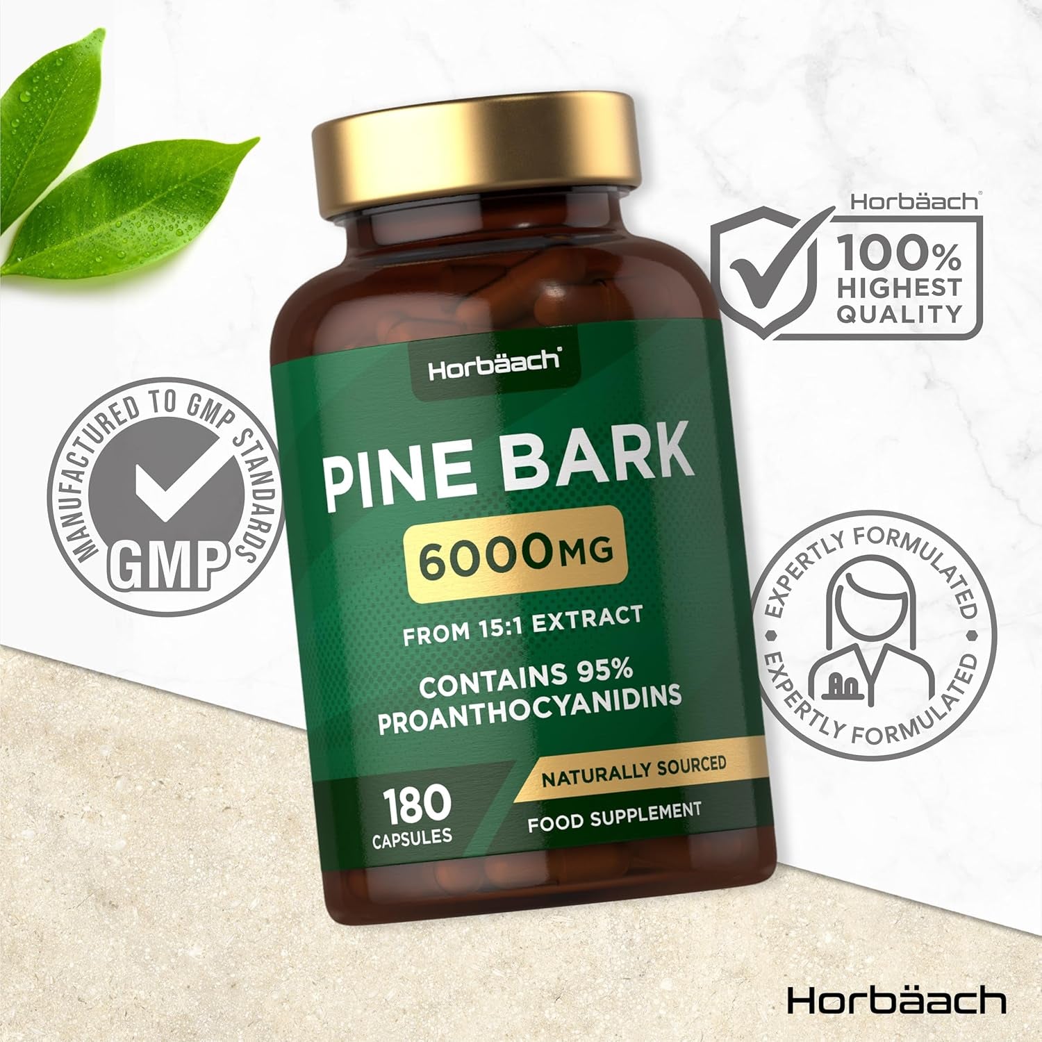 Pine Bark Extract Capsules 6000Mg | 180 Count | High Strength Supplement | 15:1 Pine Bark Extract | 95% Proanthocyanidins | by Horbaach