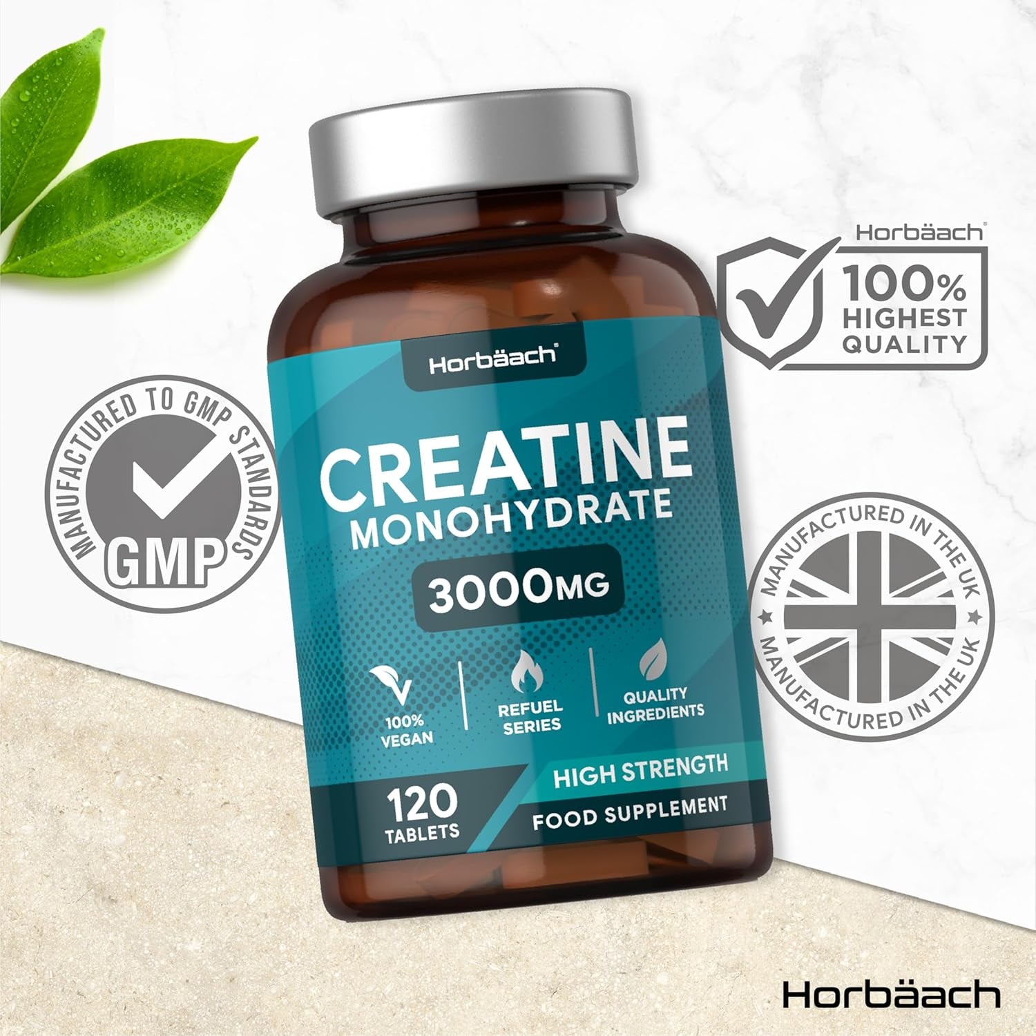 Creatine Monohydrate 3000Mg | 120 Creatine Tablets | High Strength | Pre and Post Workout Supplement for Men and Women | Suitable for Vegetarians and Vegans | by Horbaach