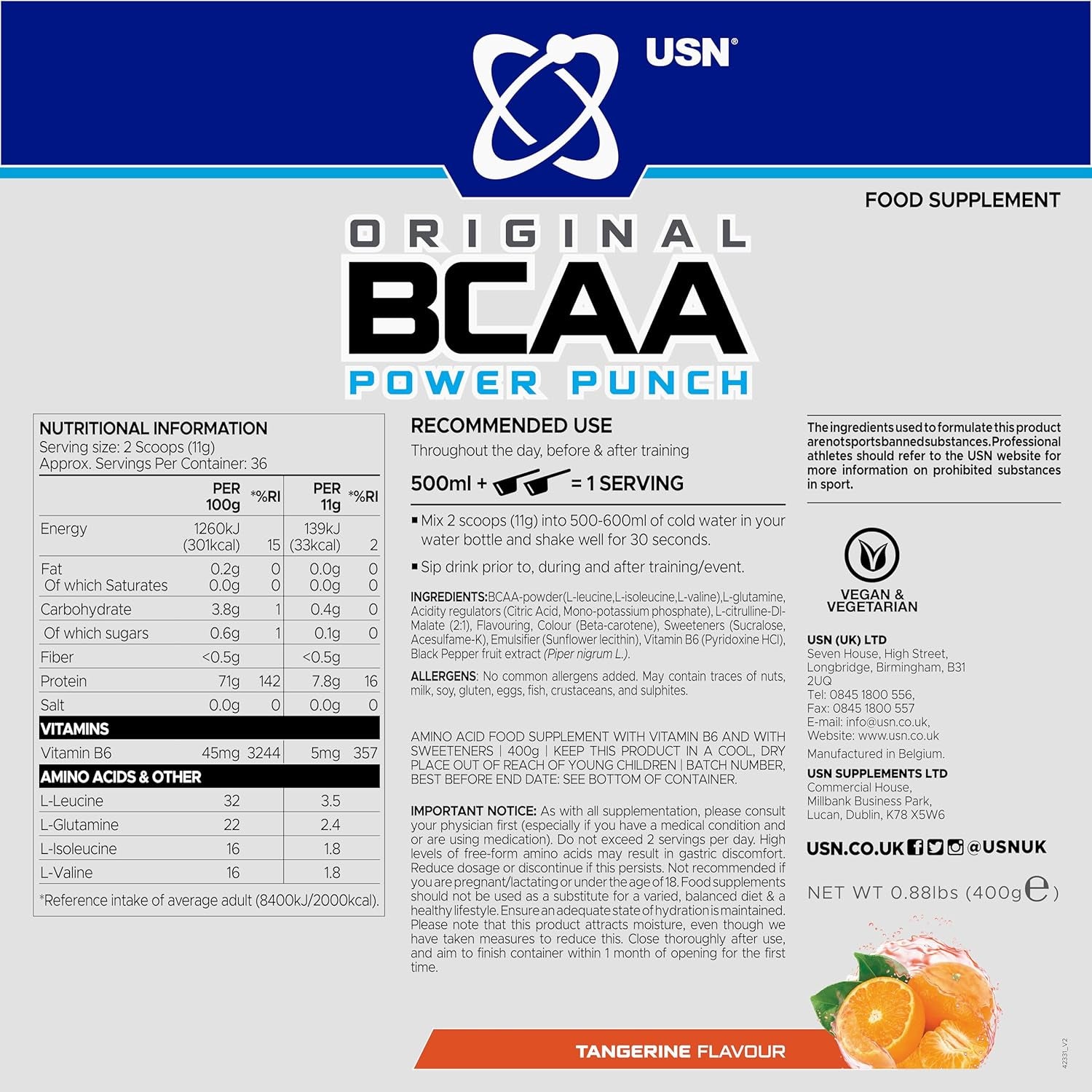 USN Power Punch BCAA Amino Acids Powder, Tangerine Flavour - 400G, Vegan BCAA Powder, Vitamin B6 & No Sugar, Pre Workout or Intra Workout Energy Drink Mix & Dietary Supplement to Maximise Performance