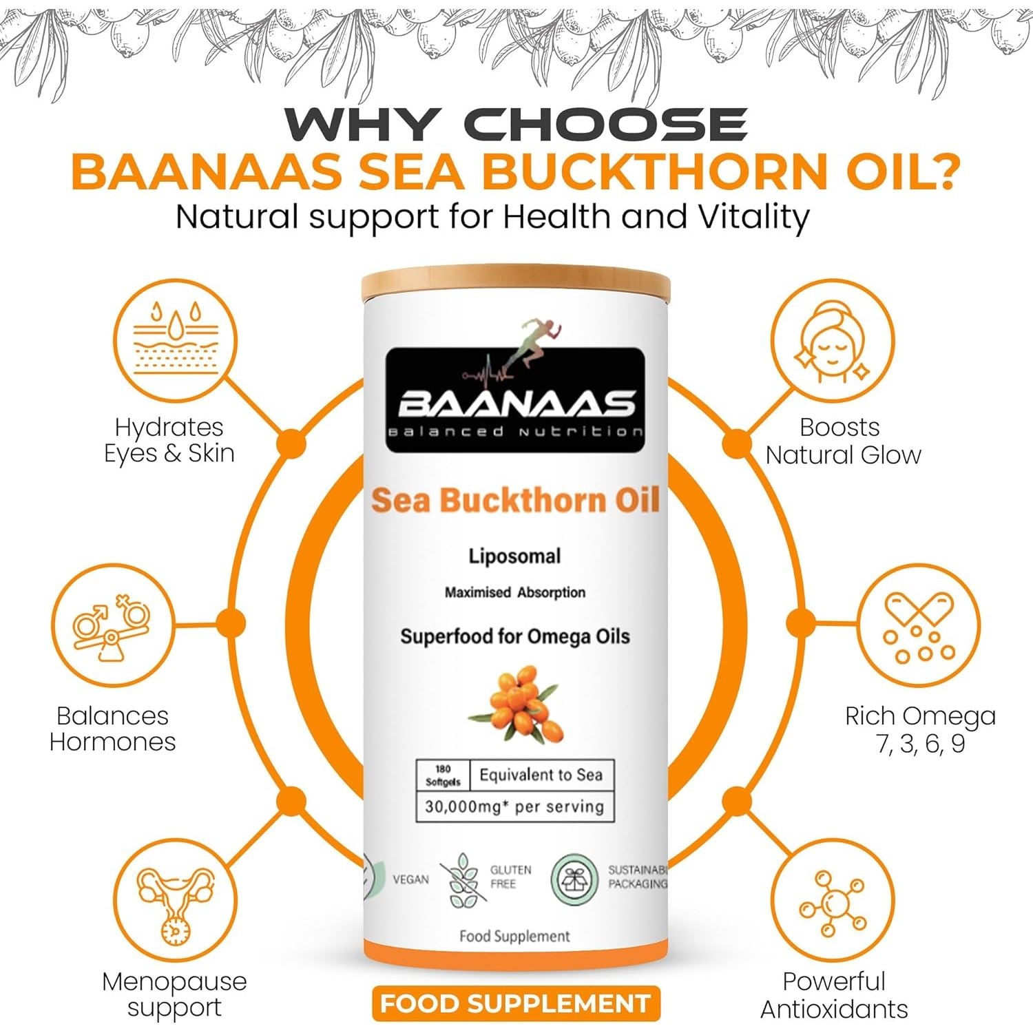 LIPOSOMAL Sea Buckthorn Oil Capsules 30,000Mg | 180 Count | High Strength Vegan Supplement | Source of Omega 7 Essential Fatty Acids | No Artificial Preservatives | by Baanaas