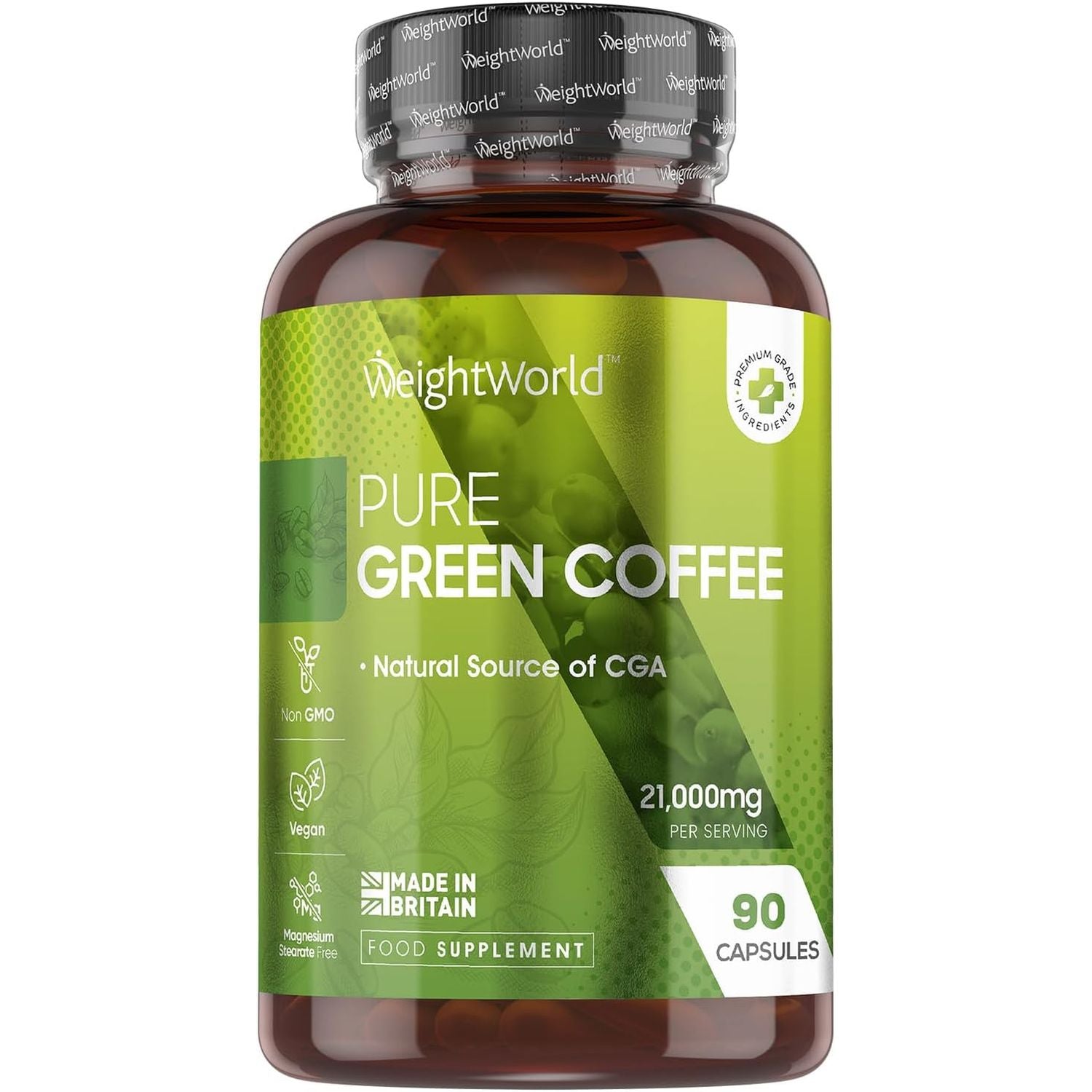 Pure Green Coffee Capsules | 21,000Mg per Serving | 90 Unroasted Green Coffee Capsules | Vegan | Natural Source of Chlorogenic Acid | Made in Britain