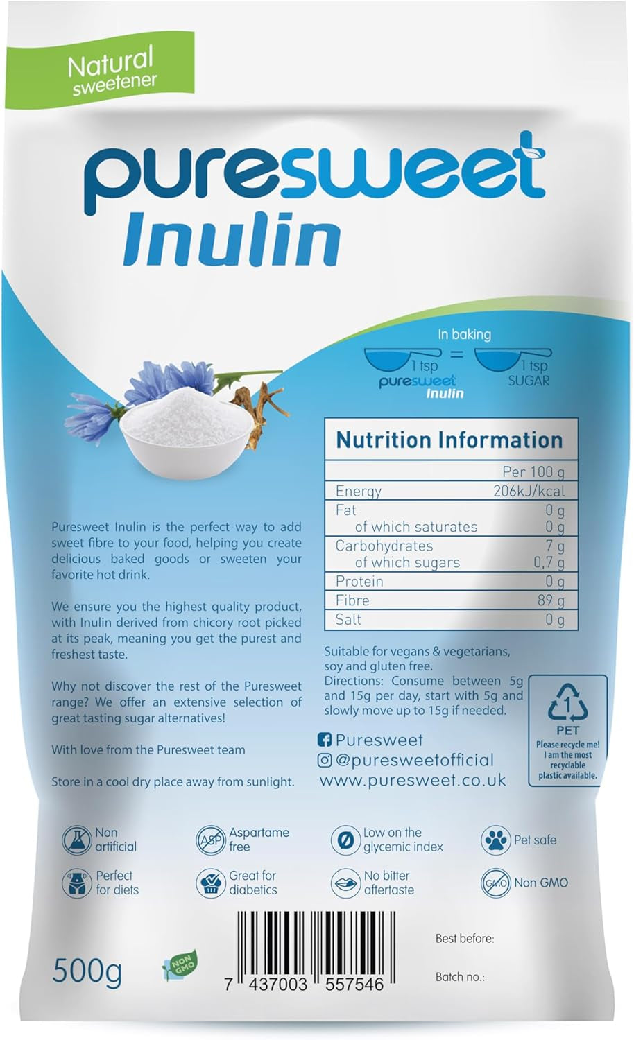 Puresweet® Premium Inulin Prebiotic Fibre Powder 500G - Chicory Root, 100% Pure Inulin, Highly Soluble, Made in the EU, Fructo Oligosaccharide (FOS), Gluten Free, Vegan.