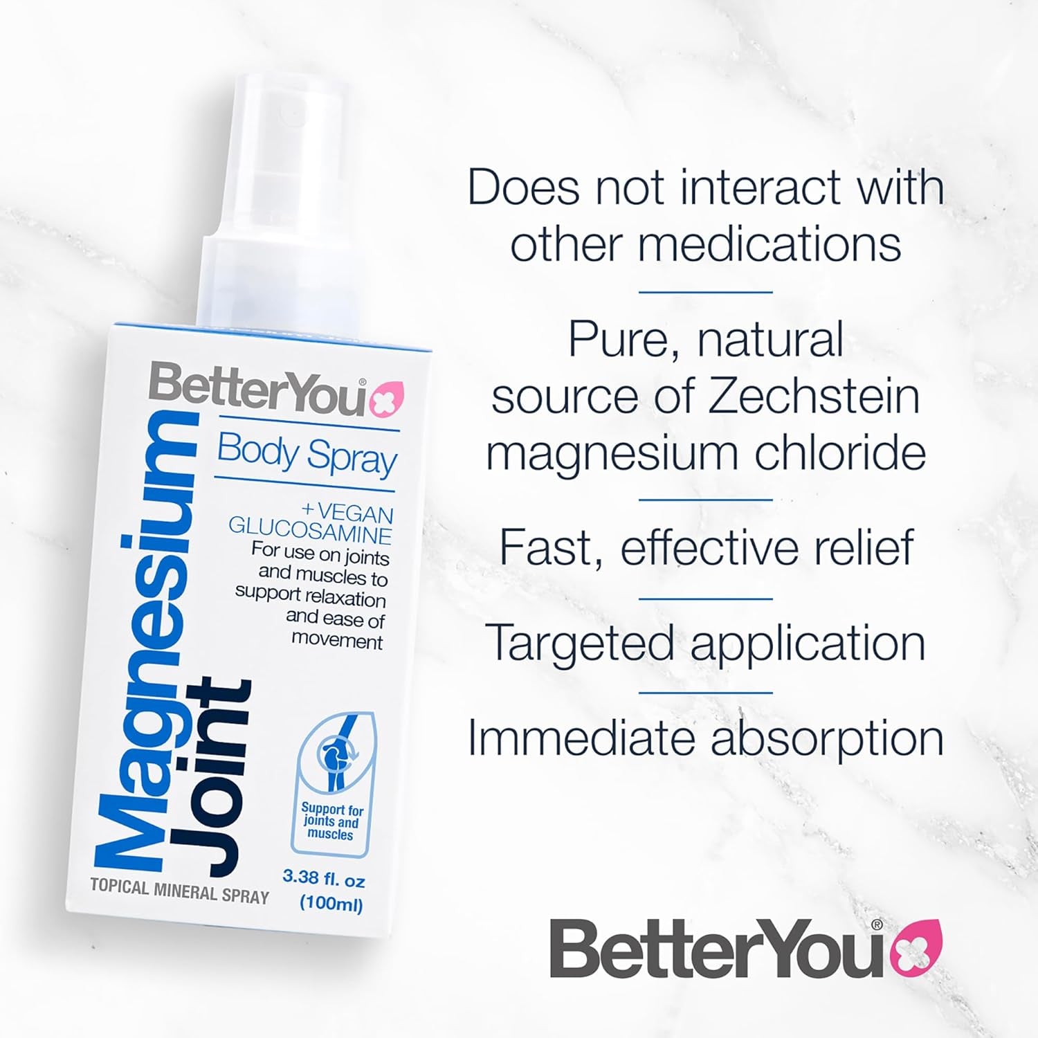 Betteryou Magnesium Joint Body Spray, Magnesium Chloride and Glucosamine, Effective Support for Joints and Muscles, Supports Relaxation, 100Ml Magnesum Oil Supplement