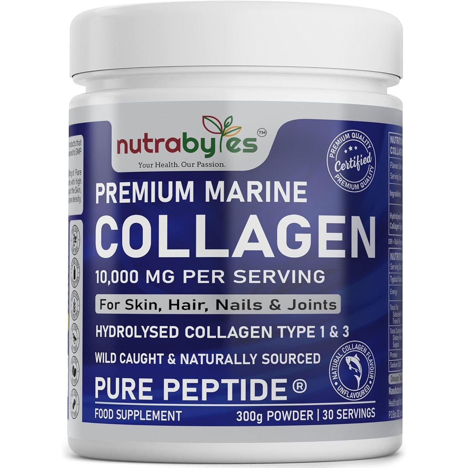 Marine Collagen Powder 10000Mg | Hydrolysed Collagen Peptides Type 1 & 3 with 19 Amino Acids for Skin, Hair, Nails & Joints | Unflavoured | Collagen Supplement for Women & Men | 30 Day Supply (300G)