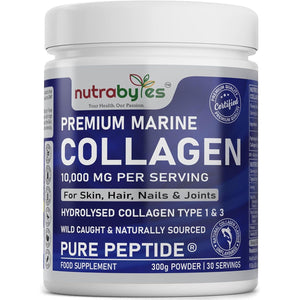 Marine Collagen Powder 10000Mg | Hydrolysed Collagen Peptides Type 1 & 3 with 19 Amino Acids for Skin, Hair, Nails & Joints | Unflavoured | Collagen Supplement for Women & Men | 30 Day Supply (300G)