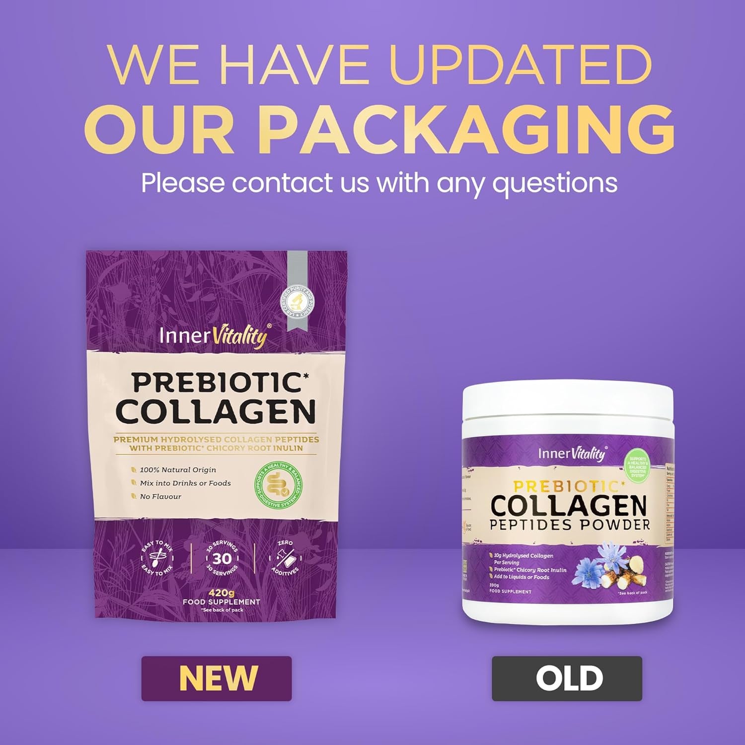 Prebiotic Collagen Powder - 420G Hydrolysed Bovine Collagen Peptides with Prebiotics for Gut Health & Skin, Collagen Powder for Woman & Men by Inner Vitality