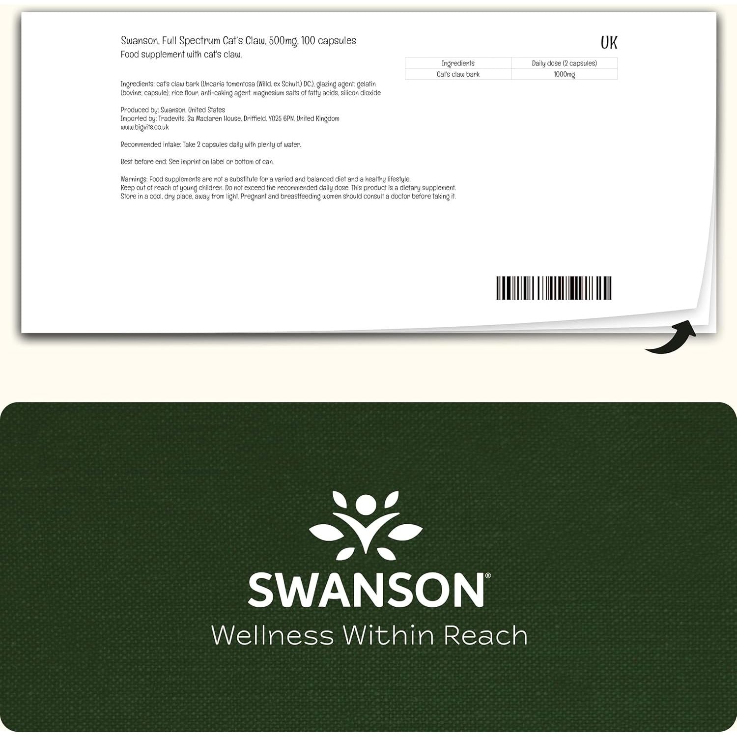 Swanson, Cat'S Claw, 500Mg, 100 Capsules, High Strength, Laboratory Tested, SOYA Free, Gluten Free, Non-Gmo