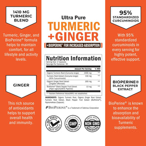 Turmeric Curcumin and Ginger - 95% Standardized Curcuminoids with Bioperine Black Pepper Extract for Ultra High Absorption - Natural Joint Support Supplement - Gluten-Free - 60 Capsules