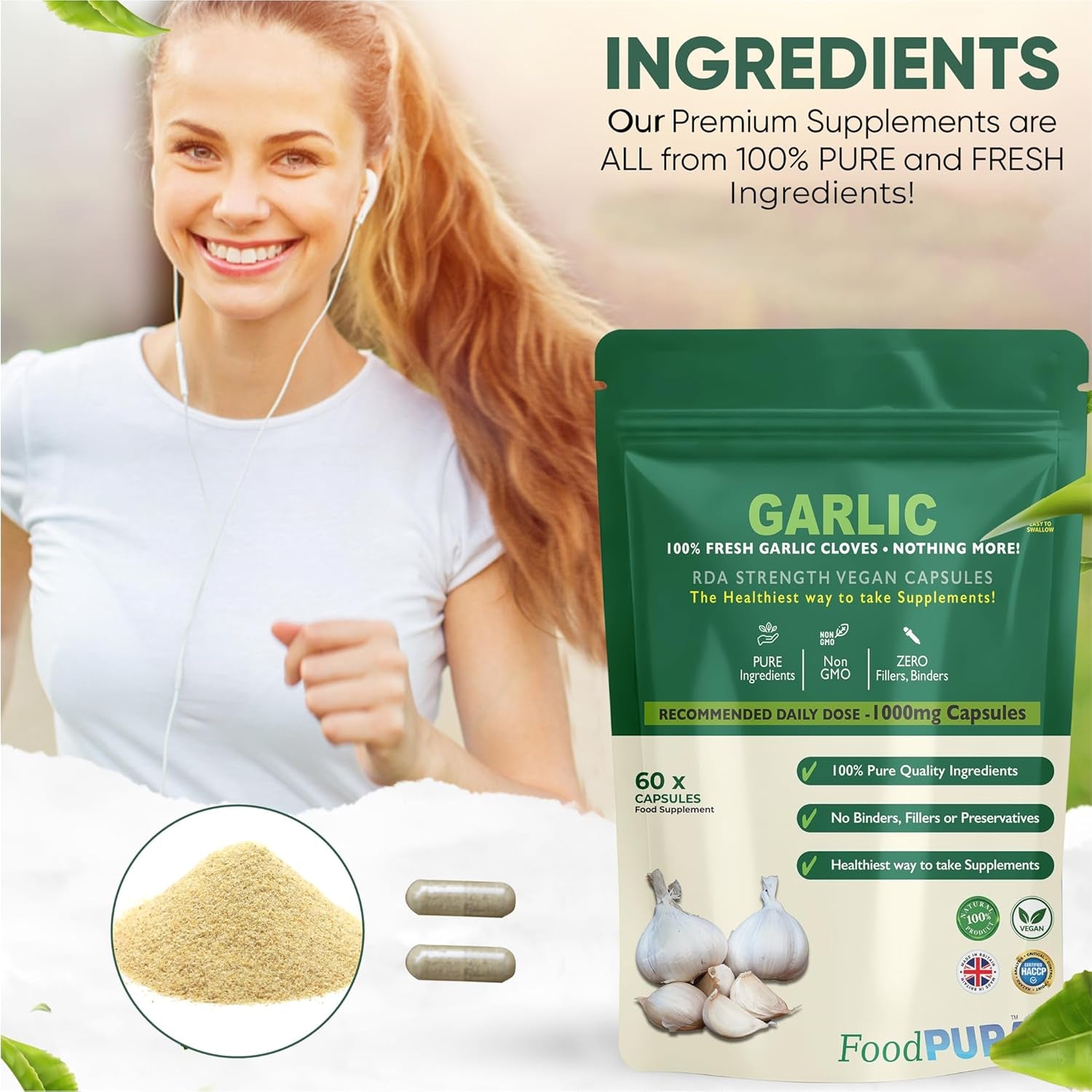 Foodpura 60 X Pure Garlic Capsules Recommended Daily Strength 1000Mg - Capsules Are the SAFEST Way to Take Any Supplement! HACCP Certified, Manufactured in the UK.