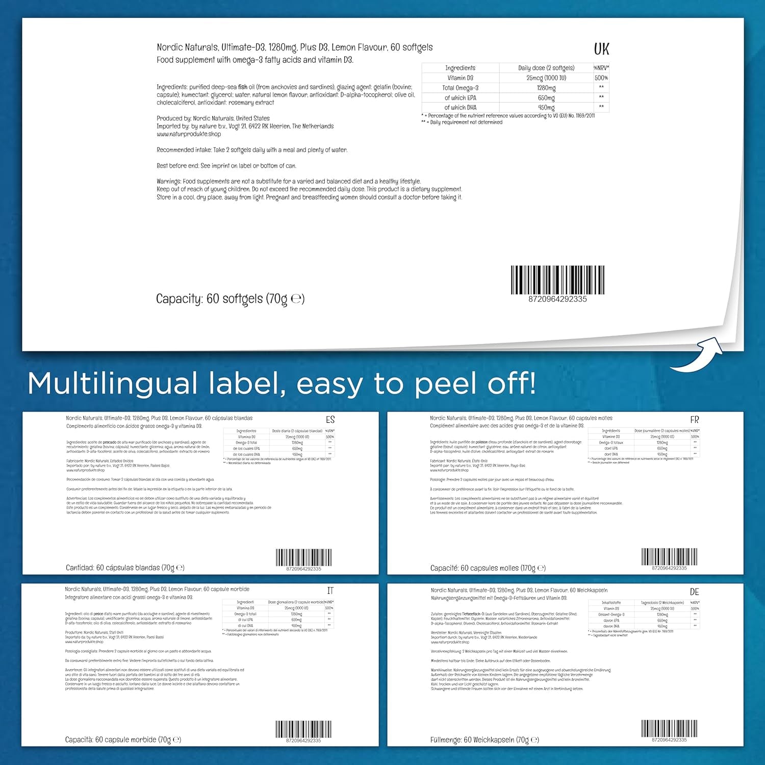 Nordic Naturals, Ultimate Omega-D3, 1280Mg Omega-3, with EPA, DHA and Vitamin D3, High Dose, Lemon Flavour, 60 Softgels, Lab-Tested, Soy Free, Gluten Free, Non GMO