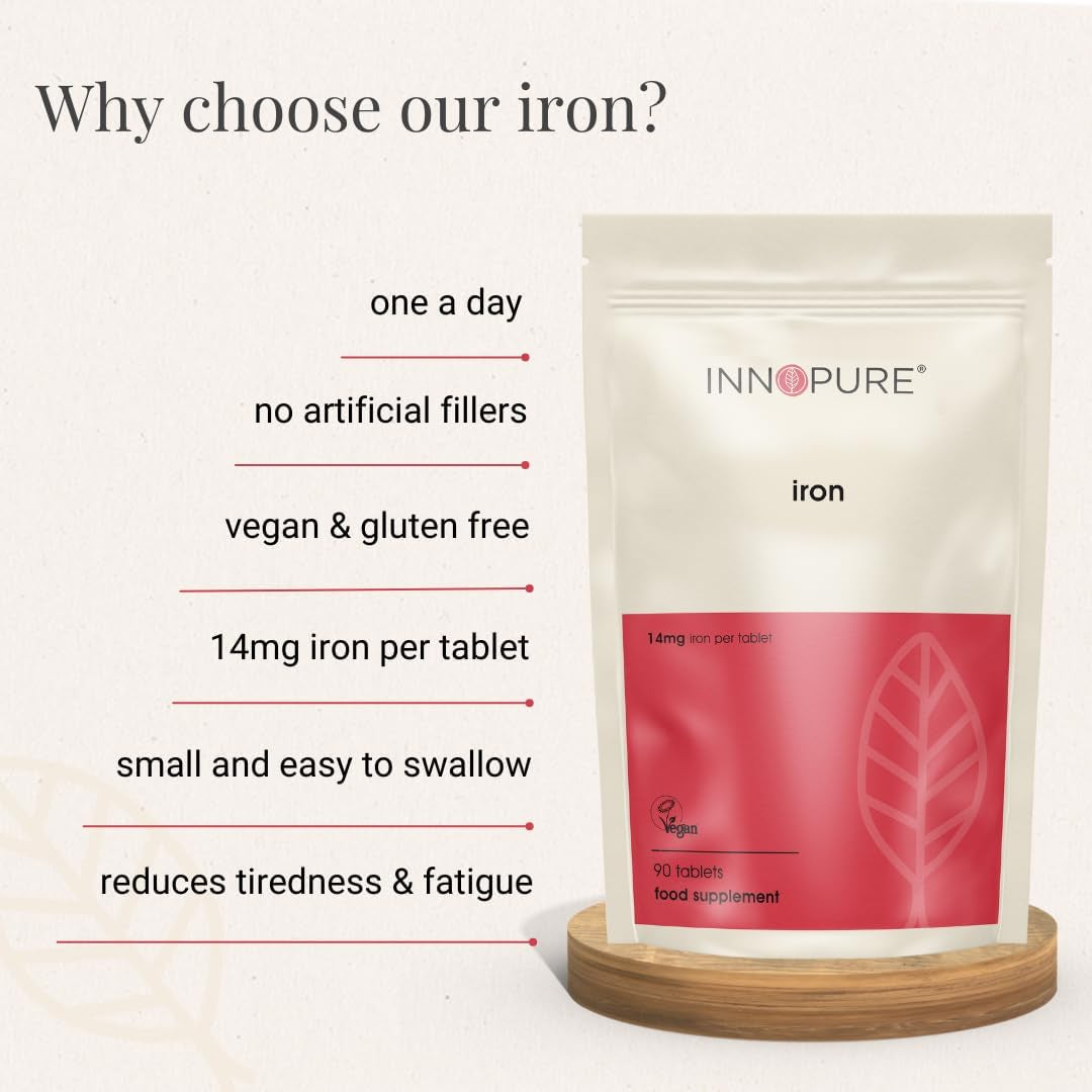 INNOPURE Iron Tablets High Strength 14Mg - Vegan Iron Supplements for Women and Men, Reduces Tiredness and Fatigue, 1 Daily Tablet (90 Count) UK Made