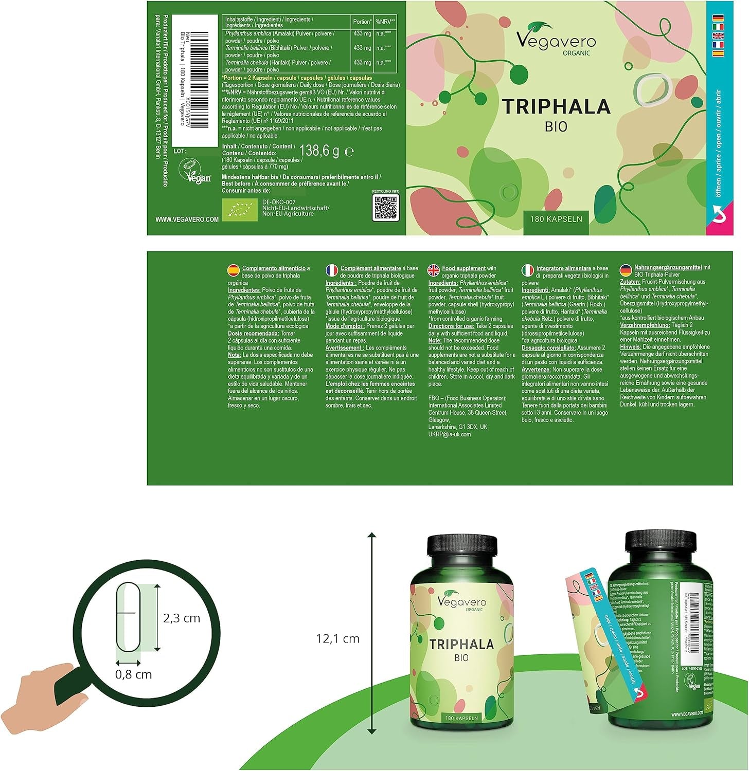 Vegavero Pure Triphala Powder Organic 1300 Mg | 180 Capsules (3 Month Supply) | NO Additives, Lab-Tested | Ayurveda Products | Gut Health Supplements & Immune System Booster | Vegan