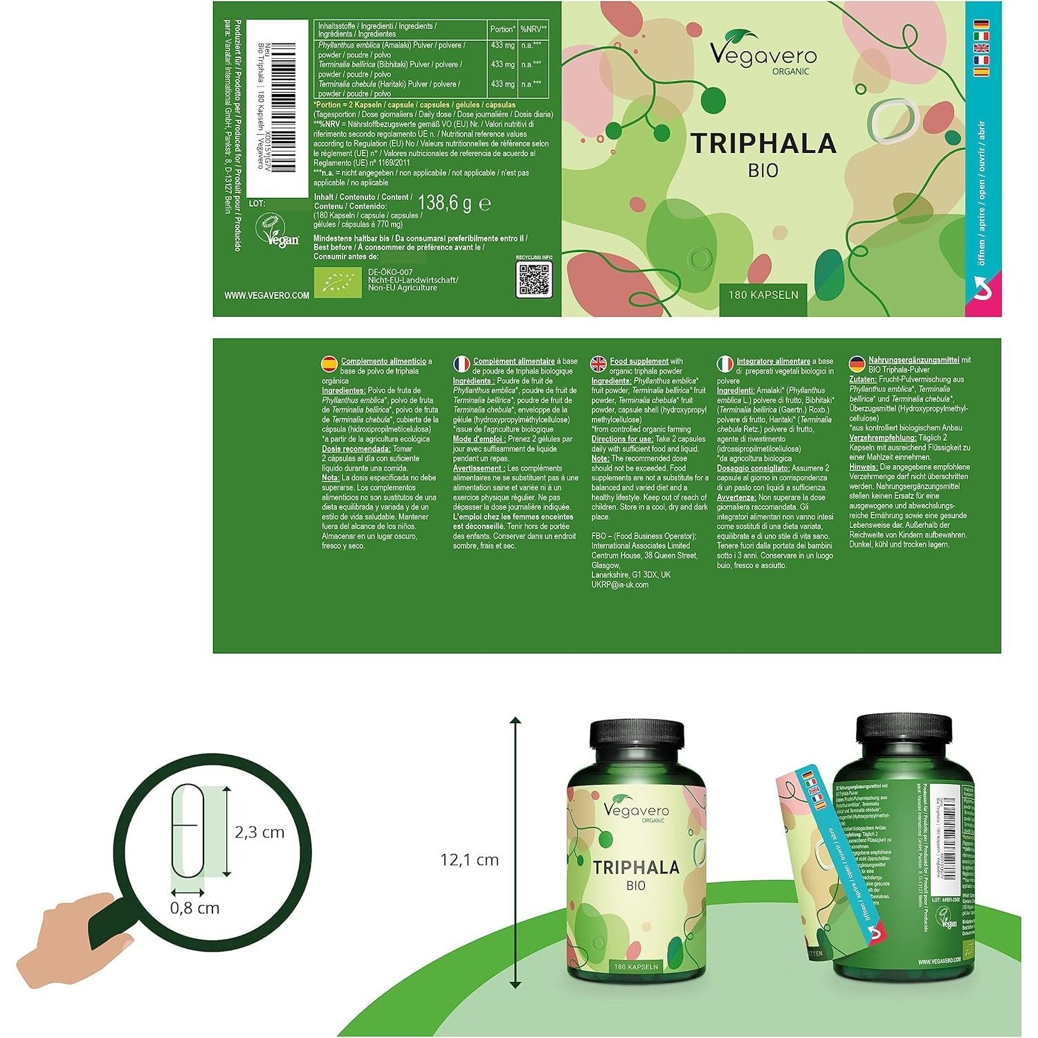 Vegavero Pure Triphala Powder Organic 1300 Mg | 180 Capsules (3 Month Supply) | NO Additives, Lab-Tested | Ayurveda Products | Gut Health Supplements & Immune System Booster | Vegan