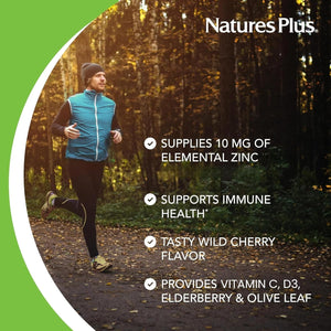 Naturesplus Herbal Actives Immune Zinc Lozenges, Cherry Flavour - Chewable Zinc and Vitamin C Tablets with Olive Leaf, Elderberry and Vitamin D3 - Vegan, Gluten Free - 60 Chewables