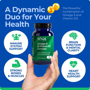 SOOL Omega-3 & Vitamin D3 Complex Soft Gels, 90 Capsules I 20% EPA & 50% DHA I Two-A-Day Omega-3 Supplement I Vitamin D3 2000IU per Serving I High Absorption Formula I Brain Function & Mental Clarity
