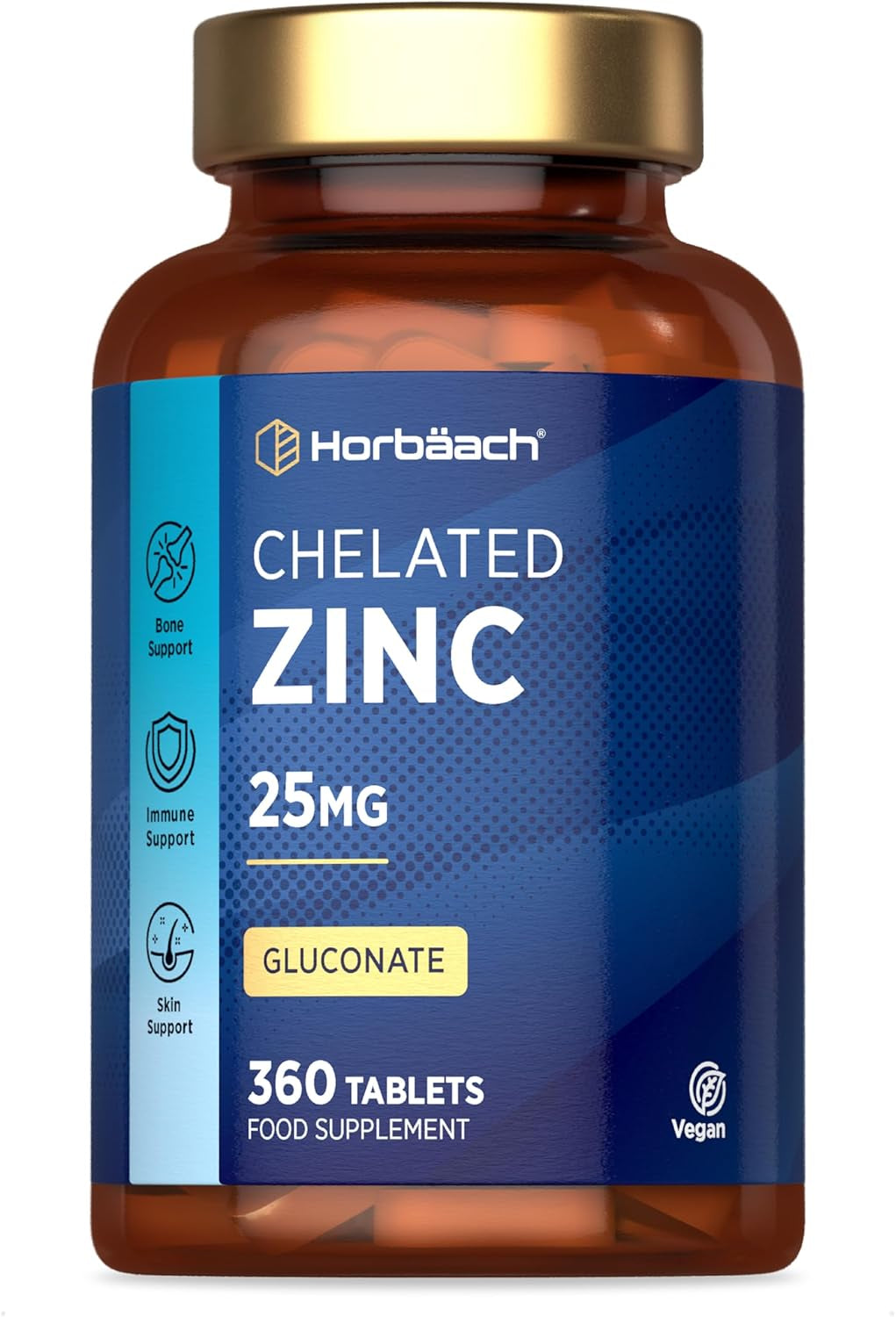 Zinc Tablets 25Mg | (1 Year Supply) High Absorption Chelated Zinc | Immunity Support Supplements | 360 Vegan Tablets | by Horbaach