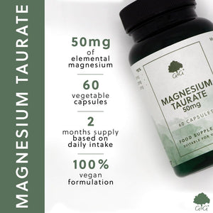 Magnesium Taurate 50Mg - 60 Vegan Capsules, Highly Absorbable Chelated Magnesium with Taurine - Made in the UK by G&G Vitamins