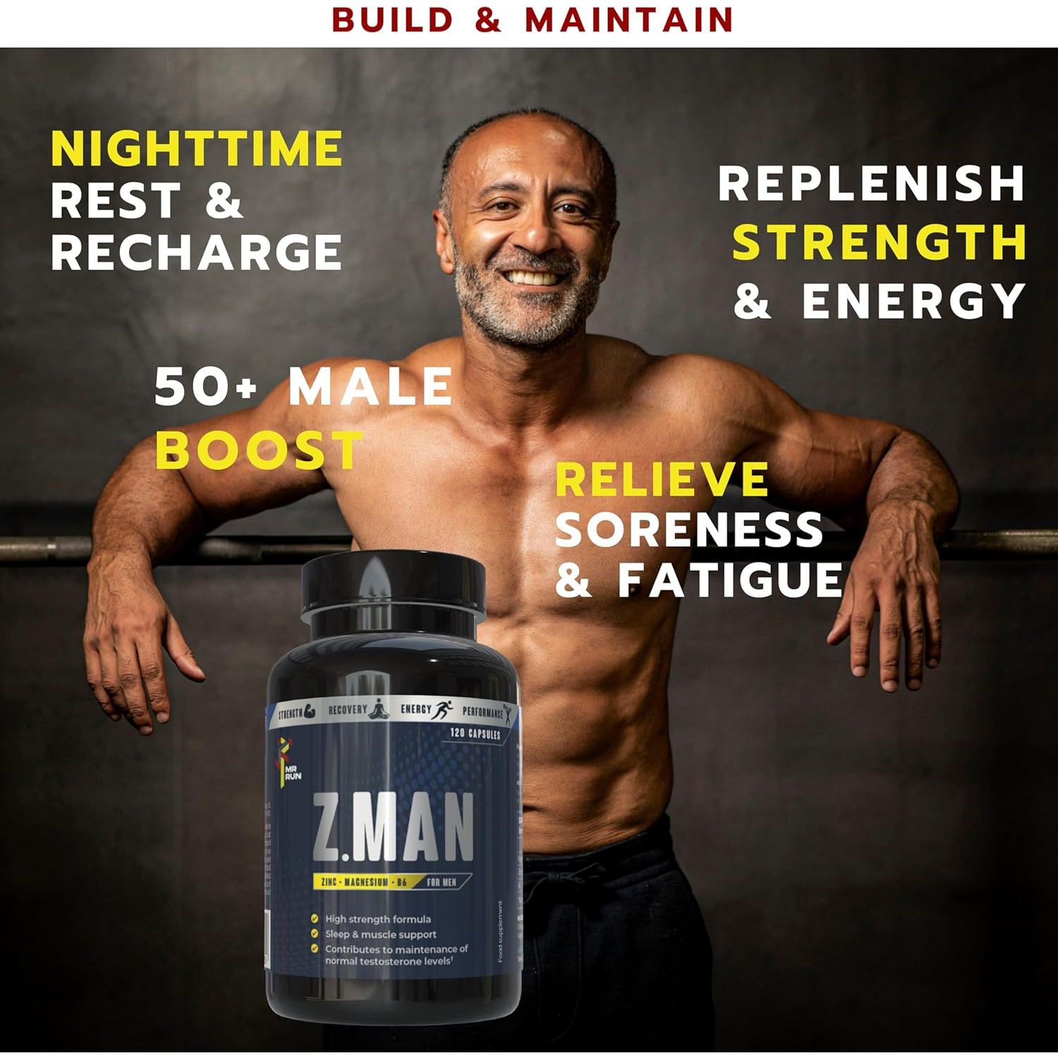 Zinc Magnesium Supplement for Men, 120 Capsules - Muscle & Sleep Support, High Strength Magnesium Zinc Tablets with VIT B6 - Muscle Growth Recovery Performance - Vegan, UK Made - 60 Servings