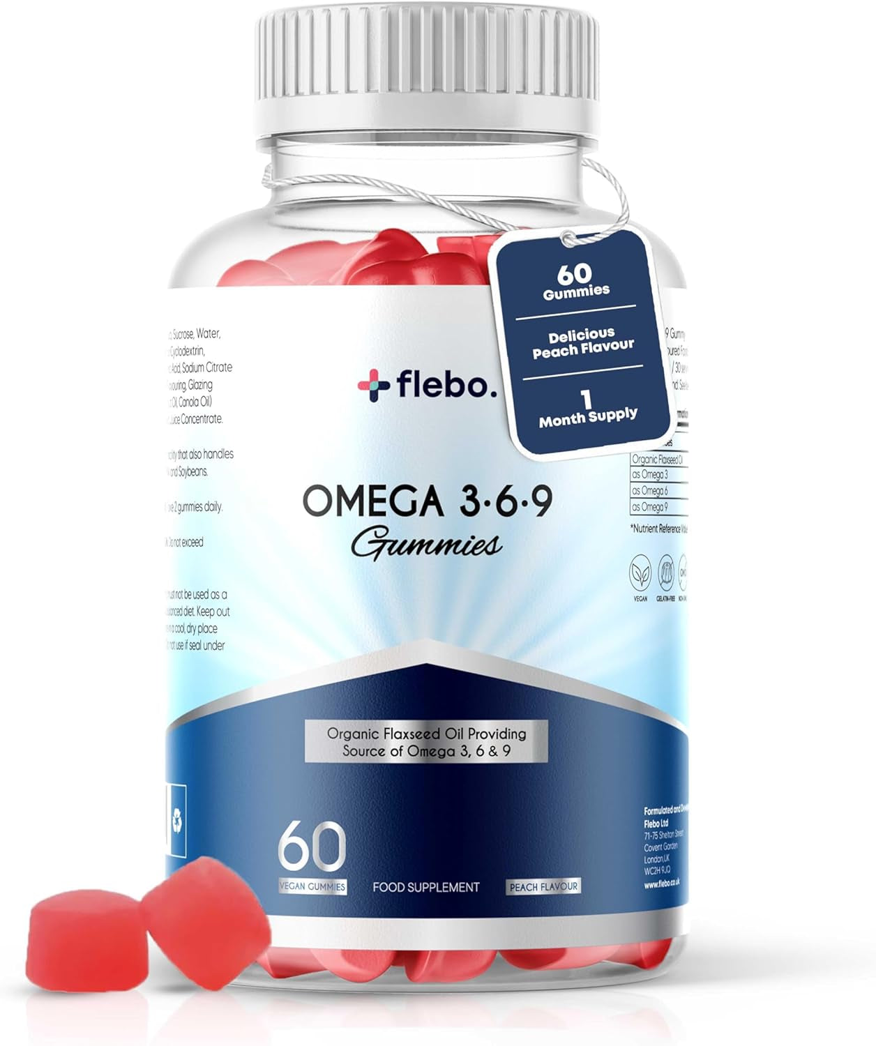Flebo Vegan Omega 3 6 9 Gummies Fatty Acids Supplements for Adults | High Strength Fish Oil Alternative | Vegetarian, Derived from Flaxseed Oil | Supports Heart, Brain, Liver & Eye Health