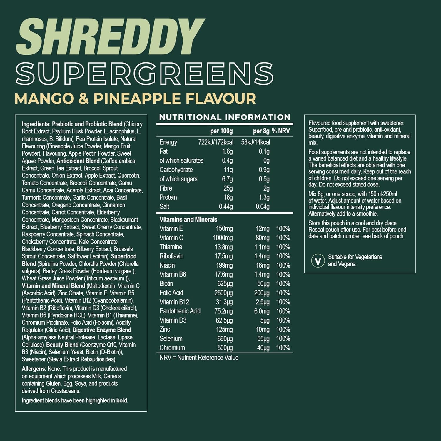 SHREDDY | Probiotic, Beauty, Superfood Greens Blend | 5 Billion Probiotics, 100% NRV Vitamins | 62 Nutrient-Rich Ingredients | Vegan-Friendly | Mango & Pineapple Flavour