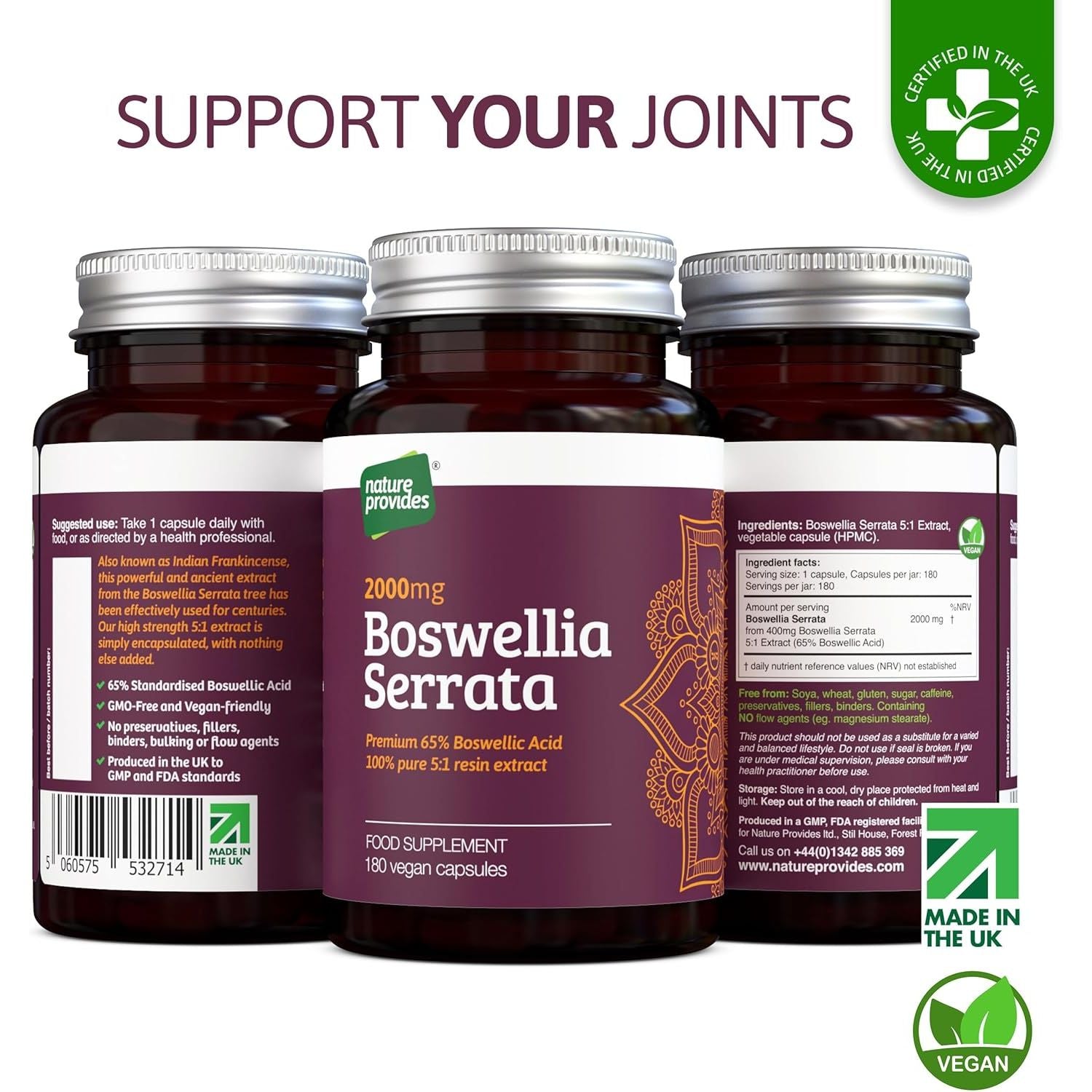 Boswellia Serrata Capsules/Tablets (2000Mg 5:1 Extract) Made in UK by Nature Provides - 180 Vegan Caps, 6 Months Supply, 65% Boswellic Acid, Indian Frankincense, Joint Support, Anti-Inflammatory