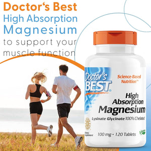 Doctor'S Best, High Absorption Magnesium, 100% Chelated with TRAACS, with Glycine and Lysine, 120 Vegan Tablets, Soya-Free, Gluten-Free, Non-Gmo