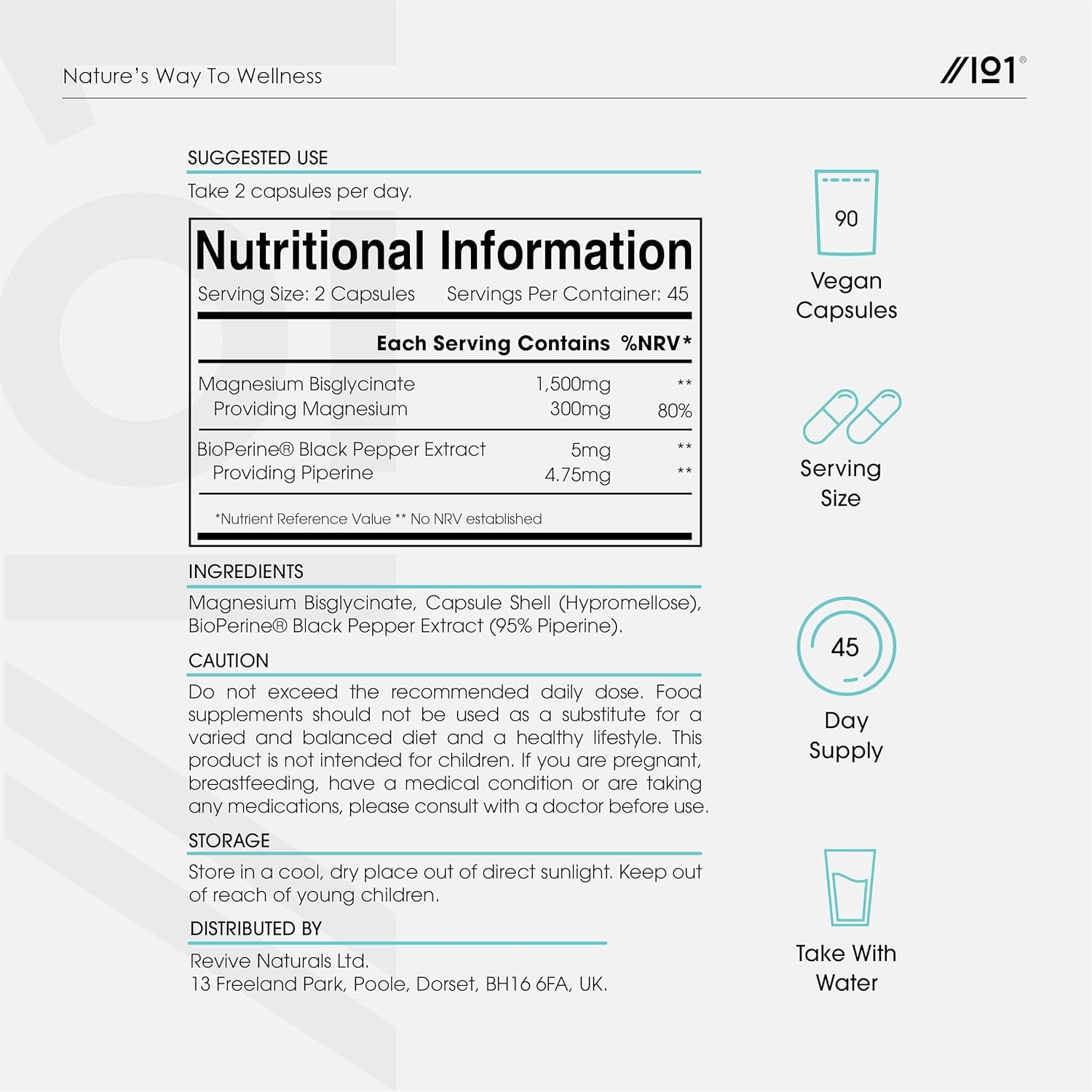 Magnesium Glycinate 1500Mg with Bioperine® – Supports the Nervous System - Reduces Tiredness and Fatigue - 90 Vegan Capsules (45 Days Supply) - Resealable and Recyclable Pouch - by Alpha01