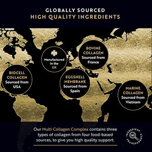 Premium Multi Collagen Protein Capsules with Type I, II, III - Includes Hydrolysed Grass Fed Bovine Collagen, Marine Collagen, Hyaluronic Acid, Turmeric - 90 Capsules - Made in the UK by Nutravita
