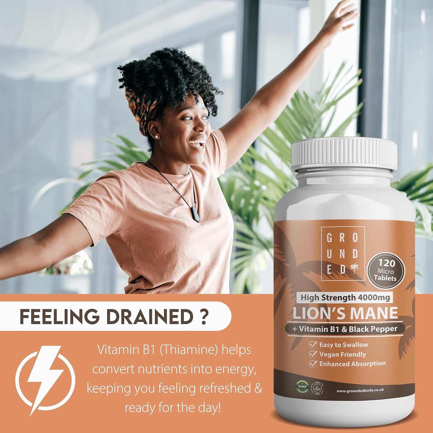 Grounded Lion’S Mane 4,000Mg High Strength 15:1 Extract | 120 Tablets | with Vitamin B1 & Black Pepper for Optimal Absorption | 2 Month Supply. UK Made Mushroom Supplement