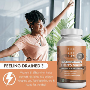Grounded Lion’S Mane 4,000Mg High Strength 15:1 Extract | 120 Tablets | with Vitamin B1 & Black Pepper for Optimal Absorption | 2 Month Supply. UK Made Mushroom Supplement