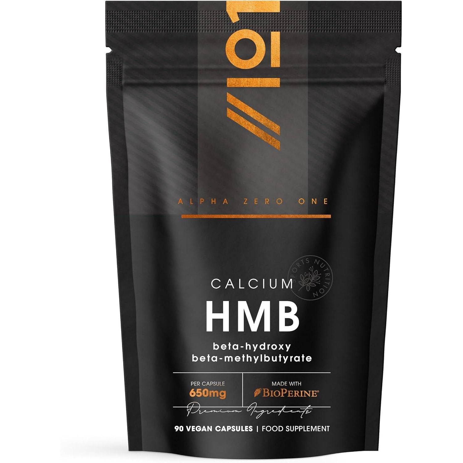 HMB 650Mg with Bioperine® – High Strength Calcium HMB Beta-Hydroxy Beta-Methylbutyrate Supplement – 90 Vegan Capsules – Resealable and Recyclable Pouch by Alpha01