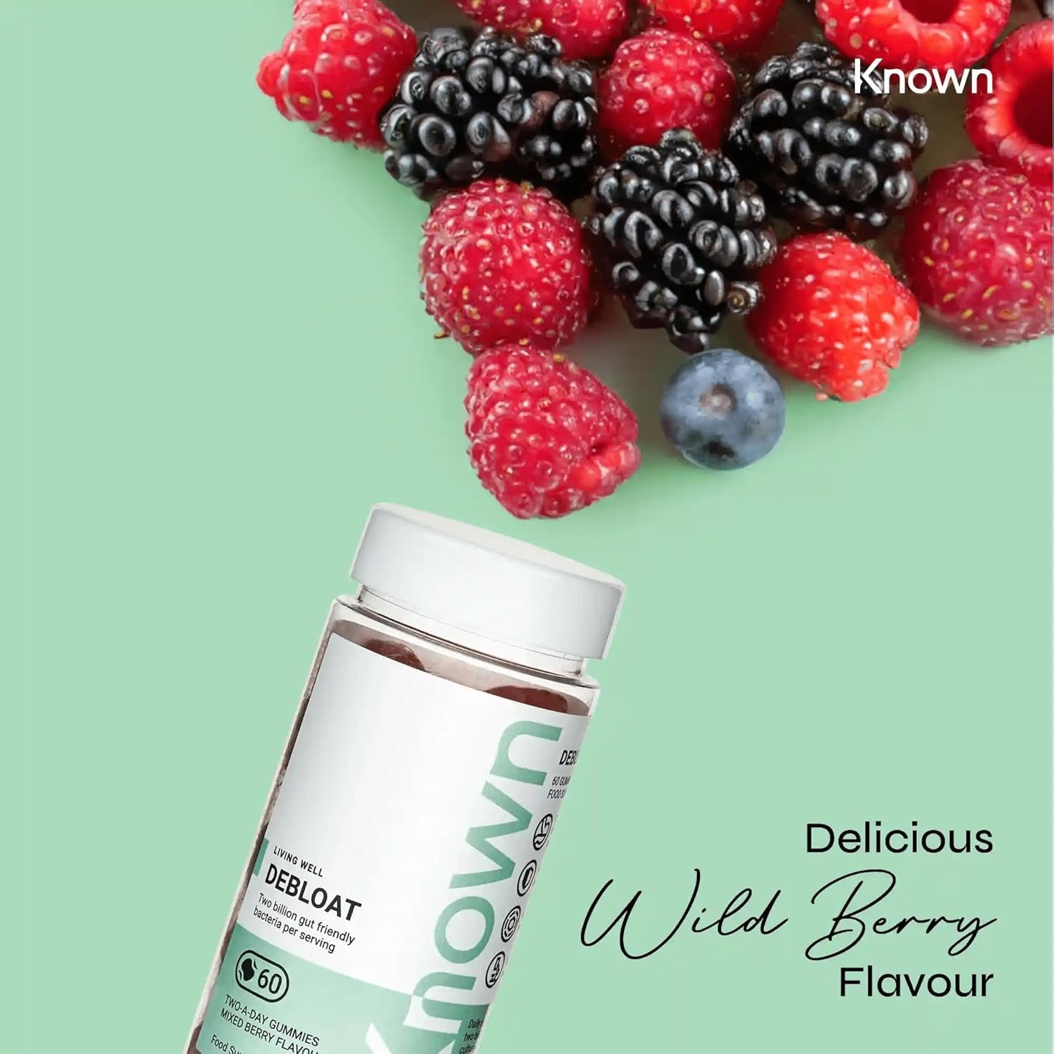 Known Delicious Debloat Gut Support Gummies - 2 Billion CFU Bacillus Coagulans & Vitamin C - Natural Mixed Berry Flavour - 60 Gummies, 1 Month Supply