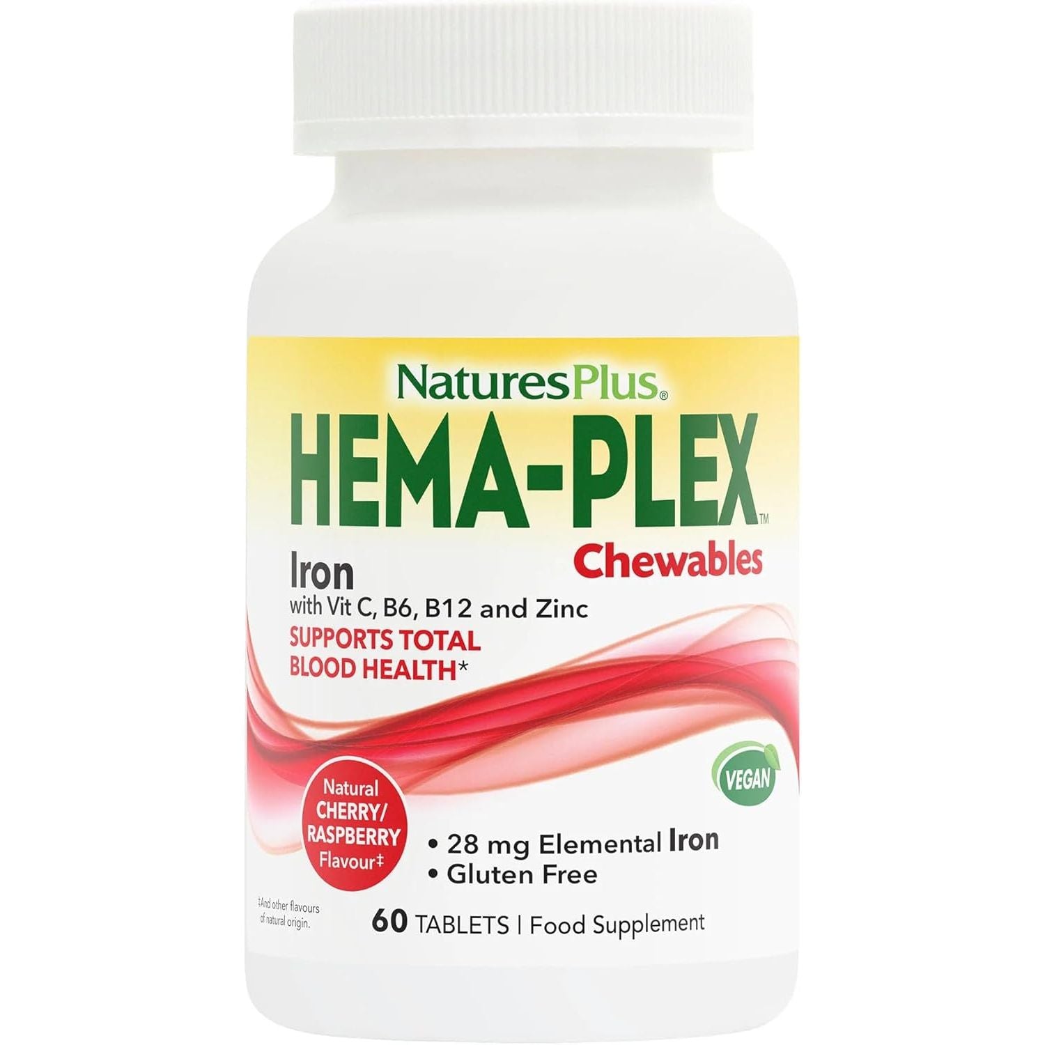 Naturesplus Hema Plex Chewable Iron - Gentle Iron Supplement with Vitamin C, Methyl B12, Folate - Blood Health, Immune, Energy - Vegan, Gluten Free - 60 Chewable Tablets
