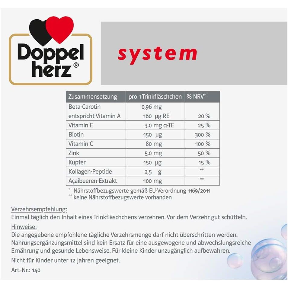 Doppelherz Collagen Beauty, 30 Drinking Bottles - with Collagen Peptides, Açai Extract, Biotin, Zinc - Anti-Wrinkles, Skin Health