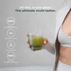 SHREDDY | Probiotic, Beauty, Superfood Greens Blend | 5 Billion Probiotics, 100% NRV Vitamins | 62 Nutrient-Rich Ingredients | Vegan-Friendly | Mango & Pineapple Flavour