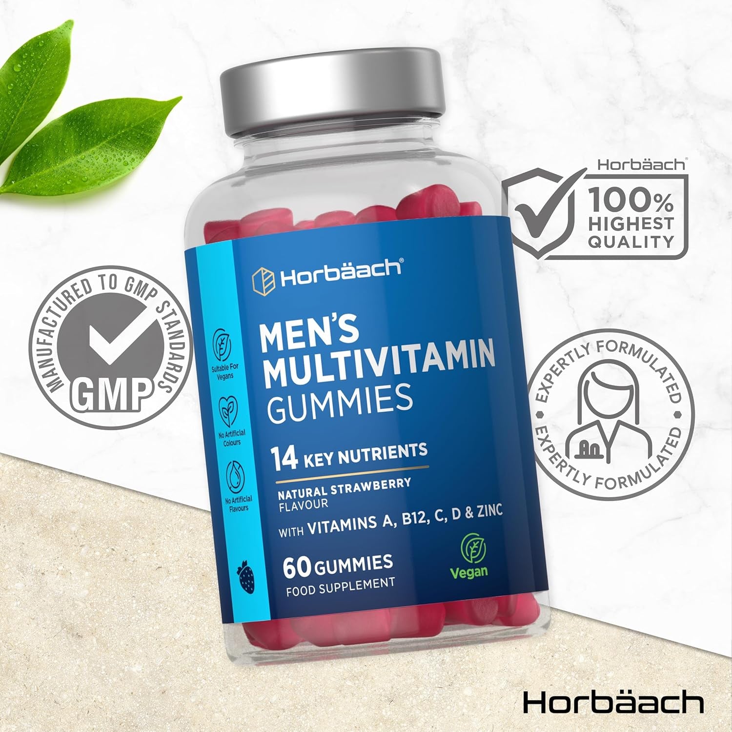 Multivitamin Gummies for Men | 60 Count | Natural Strawberry Flavour | 14 Key Nutrients with Vitamin A, B12, C, D and Zinc | Suitable for Vegans and Vegetarians | by Horbaach