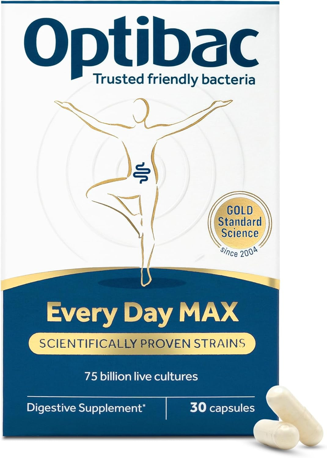 Optibac Probiotics Every Day MAX - Advanced Maximum Strength Vegan Digestive Probiotic Supplement with 75 Billion Bacterial Cultures - 30 Capsules