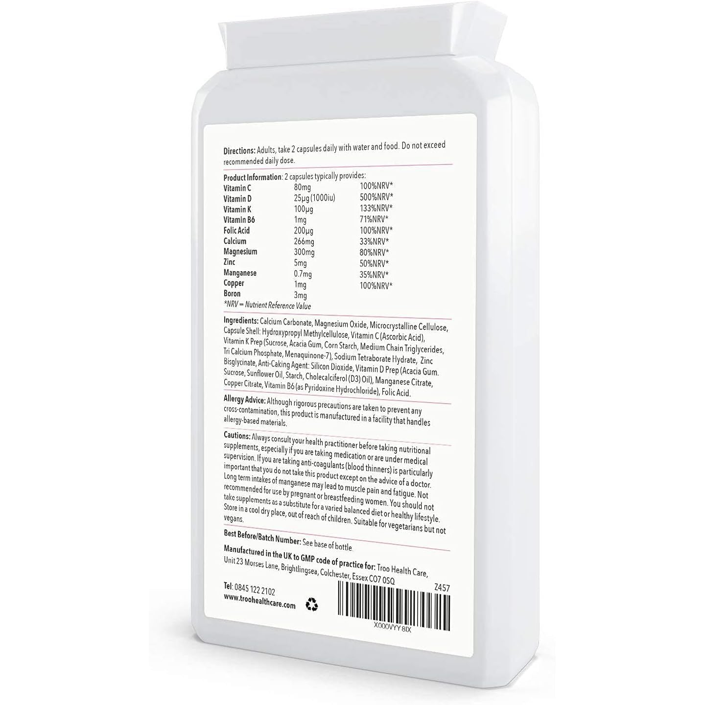 Troo Health Care Osteotrition Bone Support Supplement 90 Capsules - Helps Maintain Bone Density and Connective Tissues – Includes Calcium, Magnesium, Vitamin K2, Vitamin D3, and More - UK Made