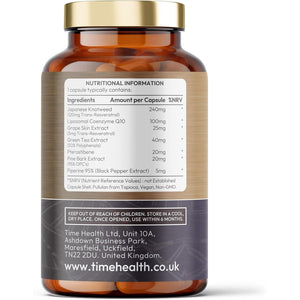 Resveratrol Pro Q10 - Trans-Resveratrol, Coenzyme Q10, Pterostilbene, Pine Bark, Green Tea, Grape Skin, Piperine - Split Dose for Maximum Benefits - UK Manufactured - Zero Additives - 60 Capsules