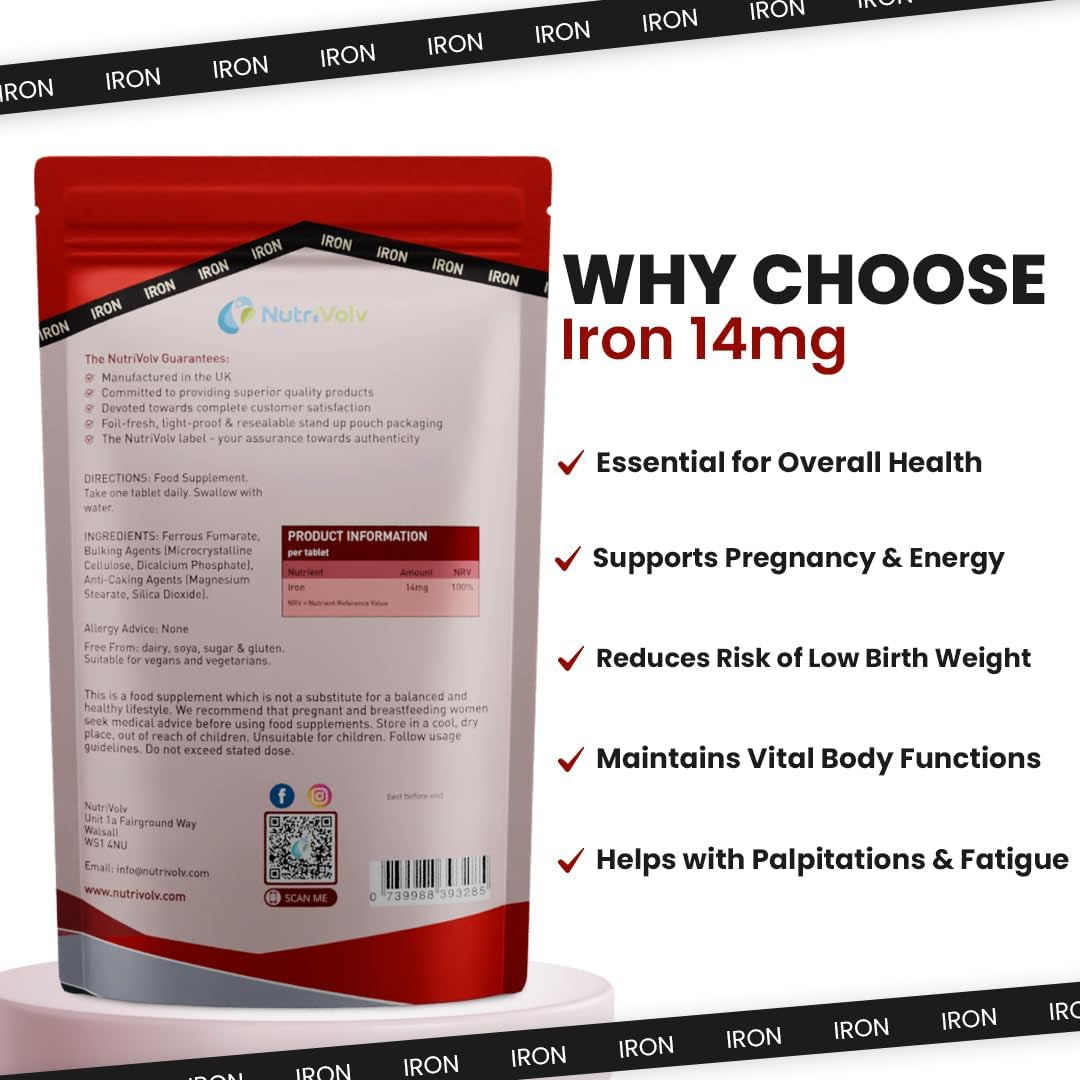 Iron Tablets High Strength 14Mg | 365 Count | 12 Months Supply | Vegan Iron Supplements for Women and Men | Ferrous Fumarate Energy | Reduces Tiredness and Fatigue | UK Made Vitamin