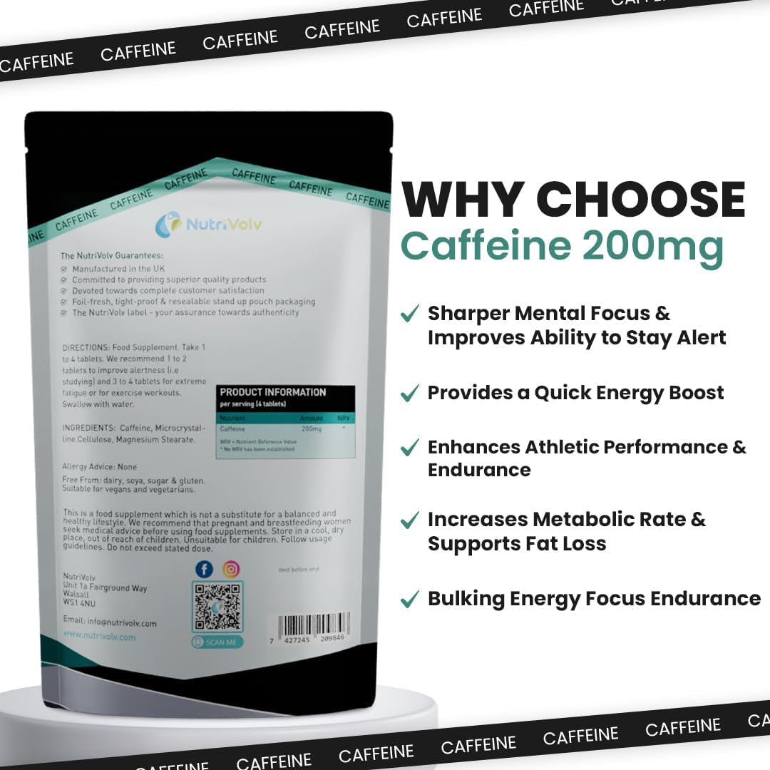 Caffeine 200Mg Tablets for Energy Boost, Mental Focus, Alertness, Weight Loss & Increase Workout Performance | Vegan