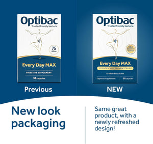 Optibac Probiotics Every Day MAX - Advanced Maximum Strength Vegan Digestive Probiotic Supplement with 75 Billion Bacterial Cultures - 30 Capsules