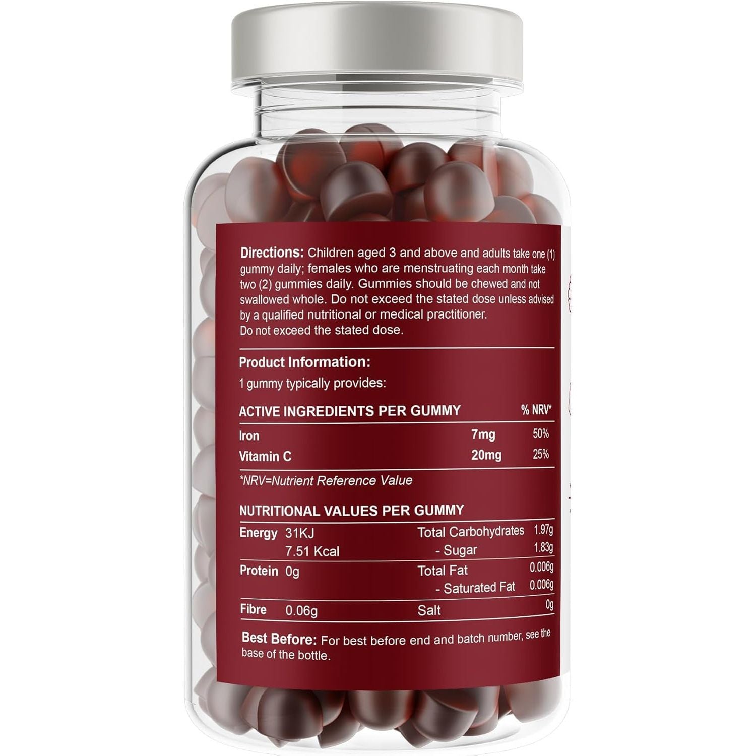 Iron and Vitamin C Gummies for Kids & Adults | 7Mg Gentle Iron, 20Mg Vitamin C Chewable | Vegan Natural Cherry Flavour | 2 Month Supply