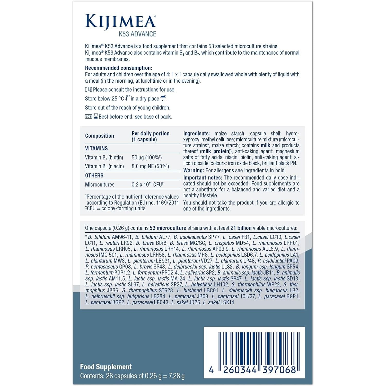 Kijimea® K53 Advance – High-Dose Microculture Strains | 53 Strains of Intestinal Bacteria | Enriched with Vitamin B3 and B7 | >500 Billion CFU per Pack | Lactose-Free, Gluten-Free | 28 Capsules