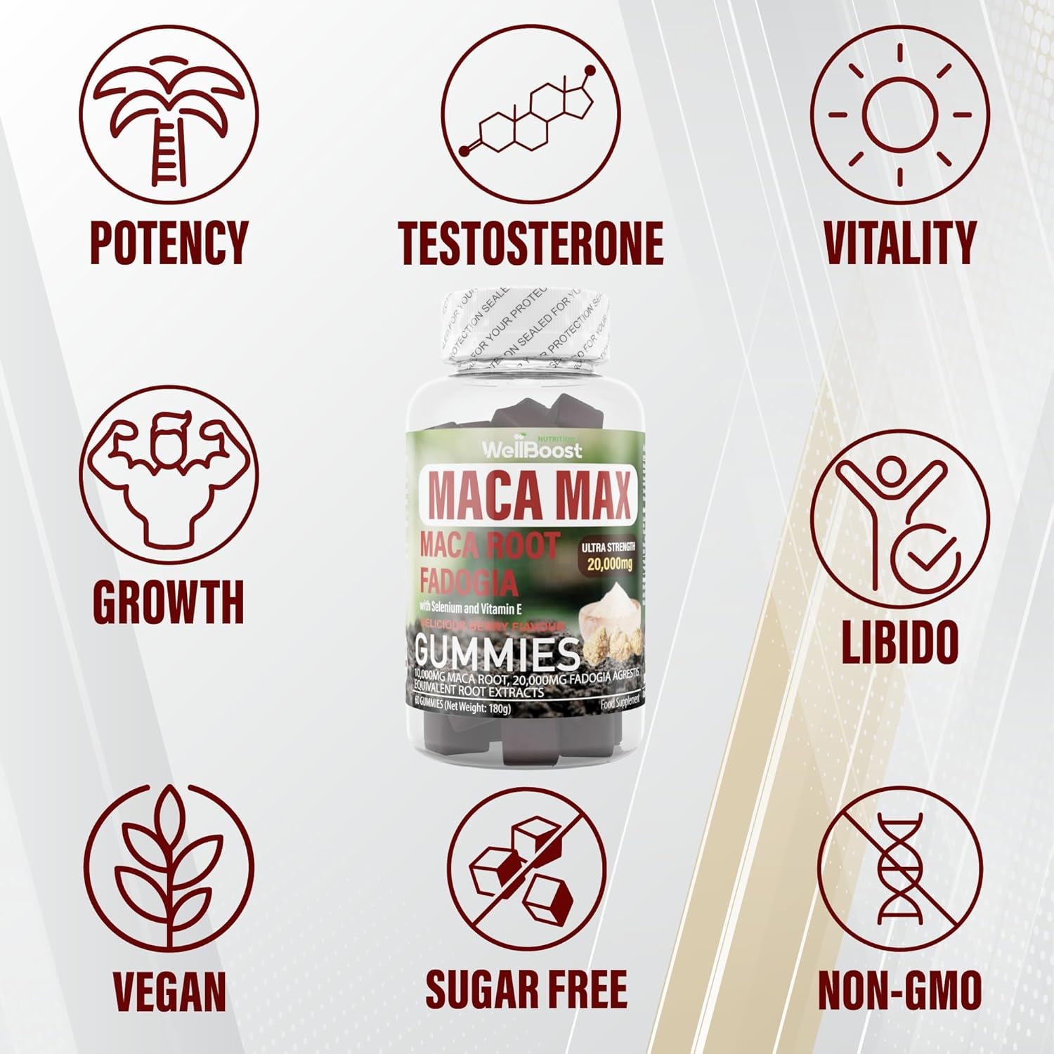Wellboost Maca MAX -Ultra Strength (6,000Mg Equivalent Extracts) Maca Root, Fadogia Root, Selenium, VIT E, 60 Chewable Gummies for Adults - Strawberry Flavoured, Suitable for Vegans.