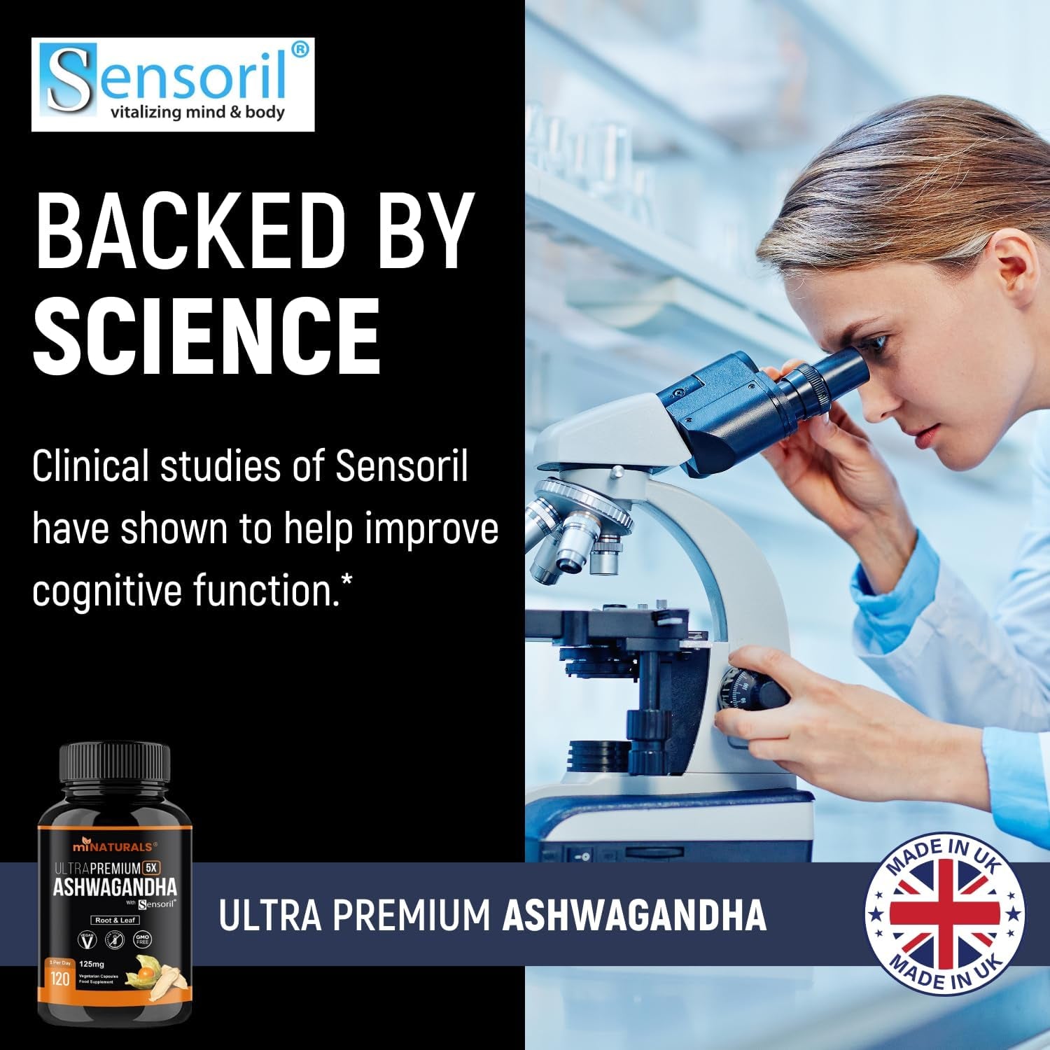 Ashwagandha Sensoril Capsules from Root & Leaf Powder | KSM-66 Alternative | 120 Capsules Made in UK by Minaturals