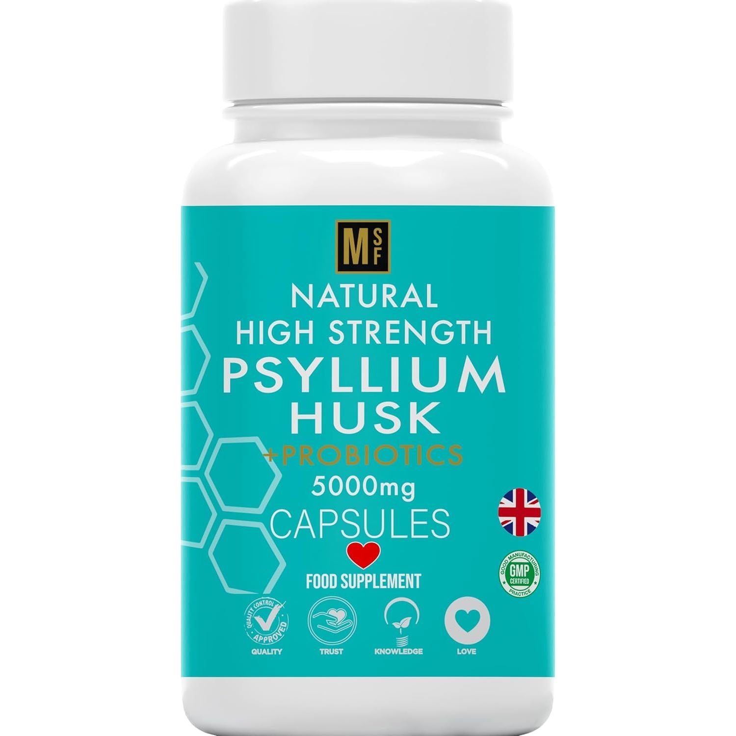 Fibre Supplement 5000Mg Psyllium Husk with Acidophilus Probiotics | 120 High Strength Vegan Capsules | Natural Soluble Fibre from Plantago Ovata Seeds 1-A-Day Digestive Support | 4 Months Supply