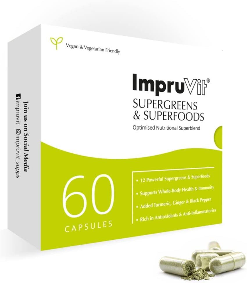 IMPRUVIT SUPERGREENS & SUPERFOOD CAPS 60 Vegan Capsules with Spirulina Turmeric Ginger Root Black Pepper Maca Root. Plant Based Antioxidant Anti-Inflammatory That Supports Whole Body Health & Immunity