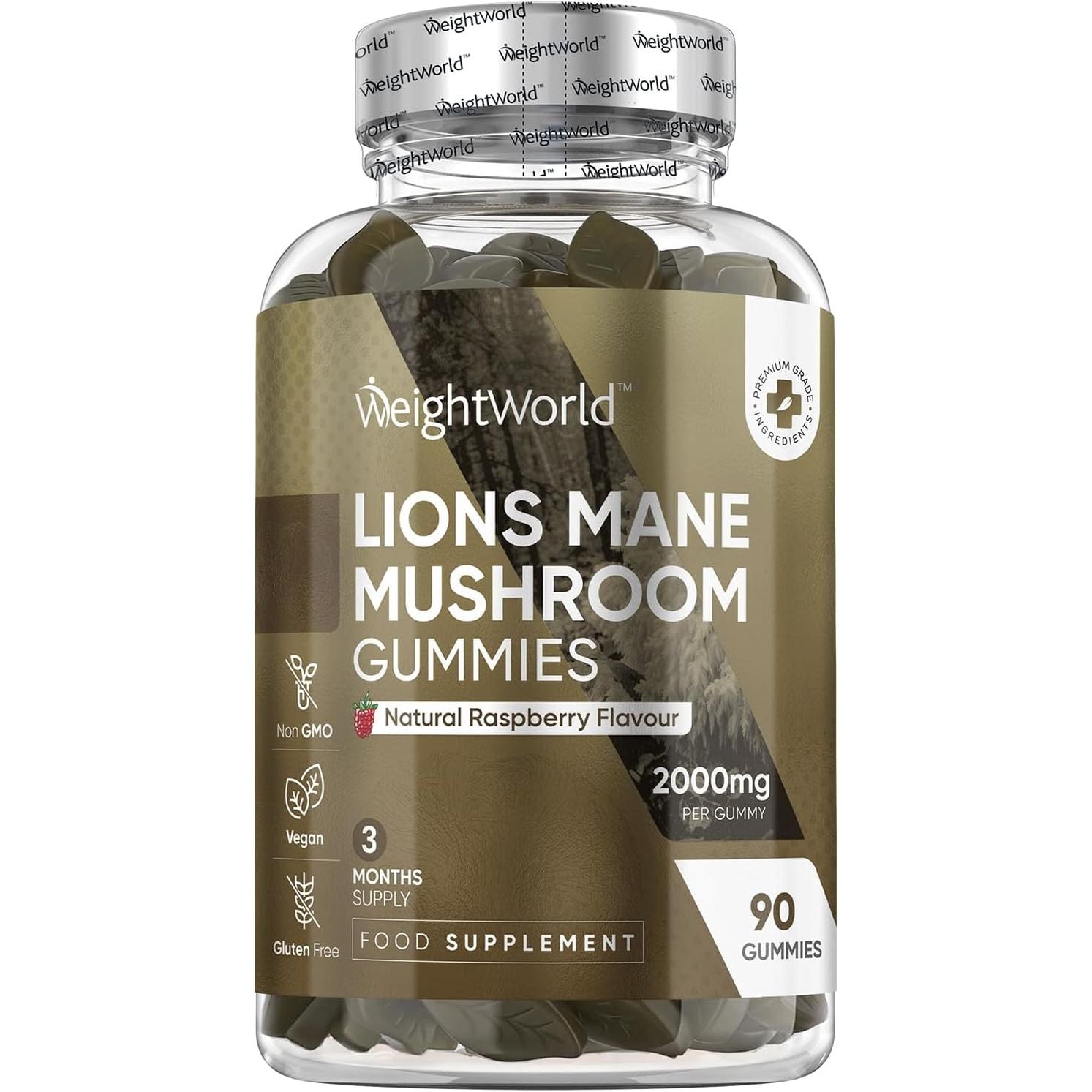 Lion'S Mane Supplement High Strength | 90 Lion'S Mane Gummies for Adults | 3 Months Supply | 2000Mg per Gummy | Vegan, Gluten-Free & Non-Gmo | Delicious Natural Raspberry Flavour