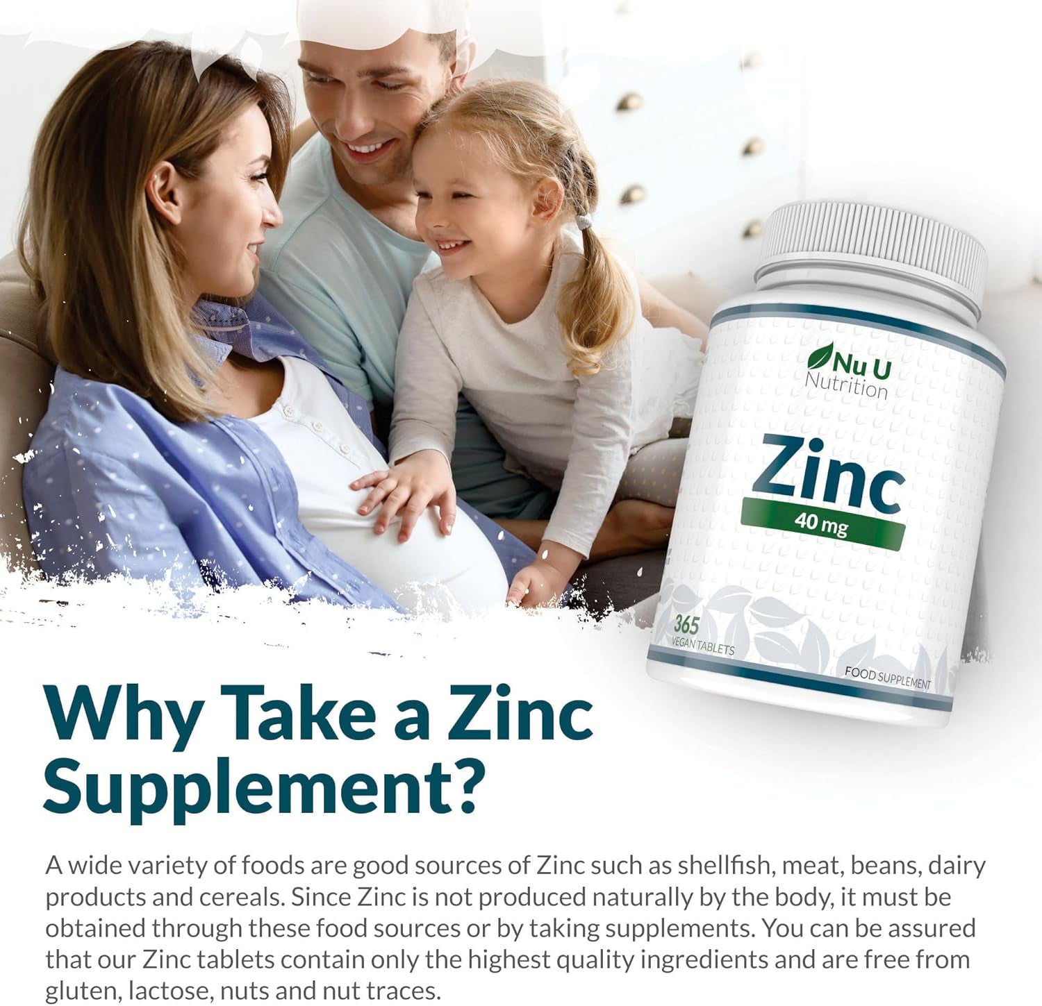 Zinc Tablets 40Mg - 365 Vegan Tablets - 1 Year Supply - 1 a Day - Easy to Swallow Zink Gluconate - Supplement for Men & Women - Made in the UK - Nu U Nutrition